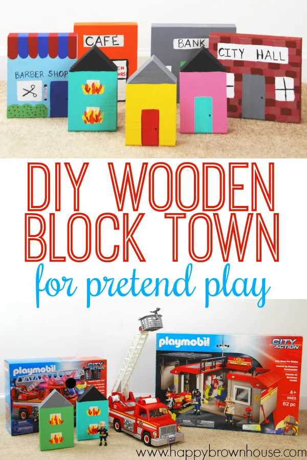 This DIY Wooden Block Town is the perfect homemade gift to accompany your child's favorite rescue vehicles. Kids will love engaging in imaginative play as they pretend to put out fires and rescue the town. See how one mom pairs the town with the PLAYMOBIL Take Along Fire Station and Rescue Ladder Unit for the ultimate pretend play experience. #PlayWithPlaymobil #pretendplay #kids #crafts #kidcrafts #imagination