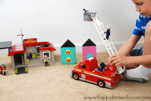 Pretend Play with PLAYMOBIL Take Along Fire Station and PLAYMOBIL Rescue Ladder Unit and wooden block pretend play town buildings