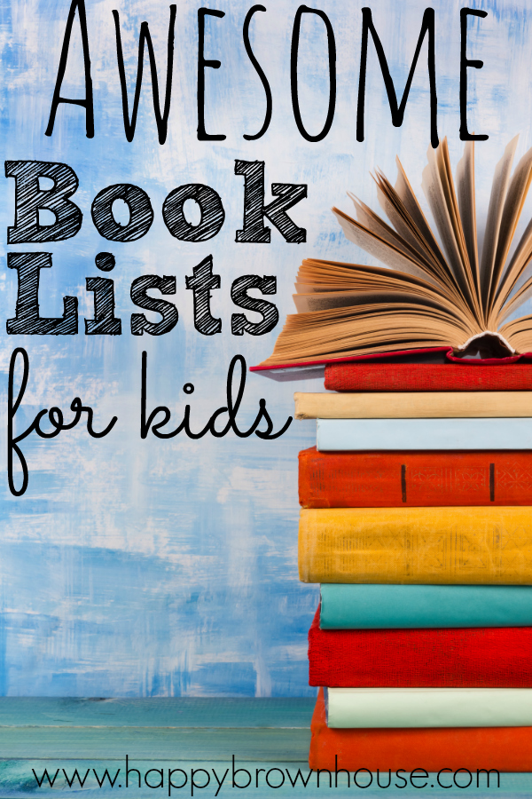 Awesome Book Lists for Kids, stack of colorful books on a blue background