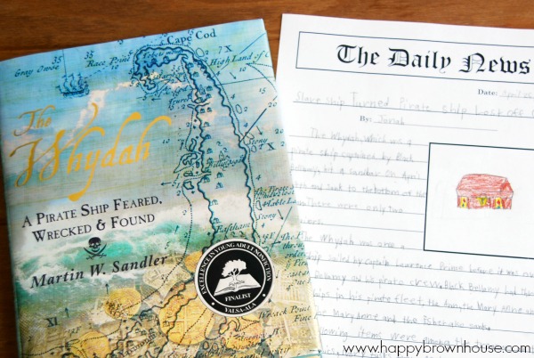 Close up of The Wydah cover and a free printable Newspaper Article writing template