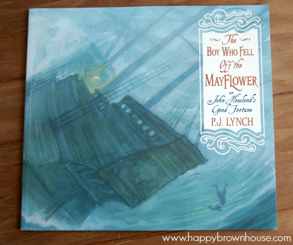 close up of the cover of The Boy Who Fell Off the Mayflower, or John Howland\'s Good Fortune book by PJ Lynch