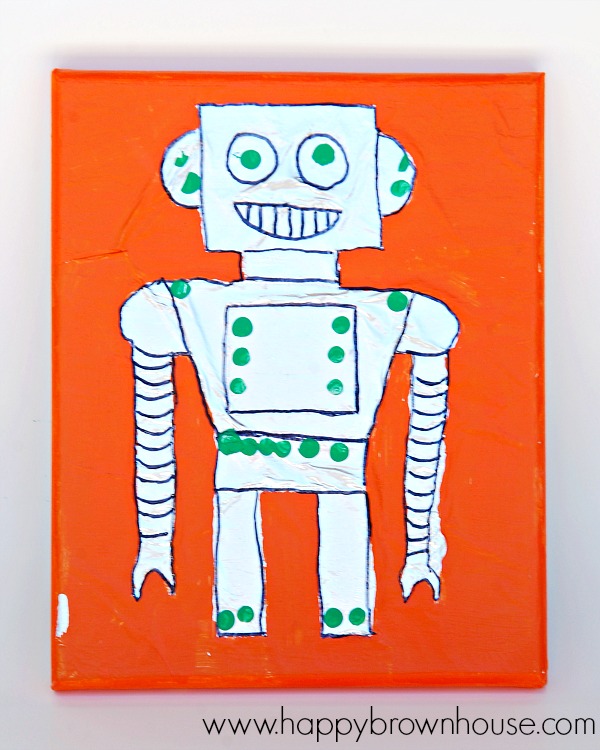 Paint an Aluminum Foil Robot Painting with Masterpiece Society Studio, online art classes. These painting classes for kids are great online art classes for homeschool.