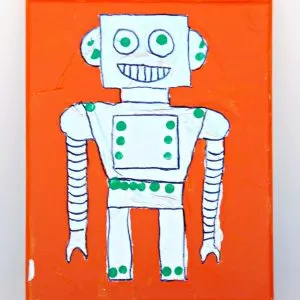 Paint a Mixed Media Aluminum Foil Robot with Masterpiece Society Studio online art classes. These are perfect online art classes for homeschool.