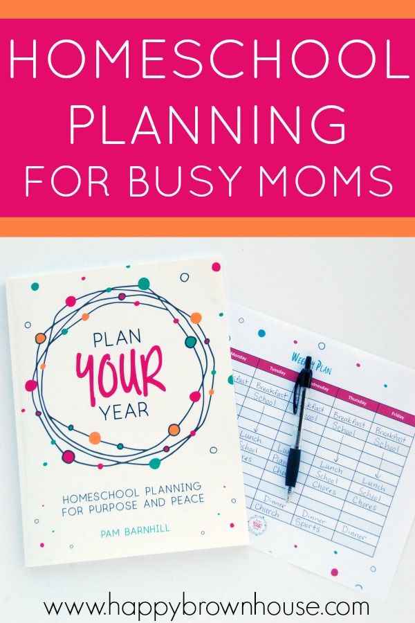 pink title box contains the words Homeschool Planning Tips for Busy Moms, close up of Plan Your Year book and homeschooling planning sheets