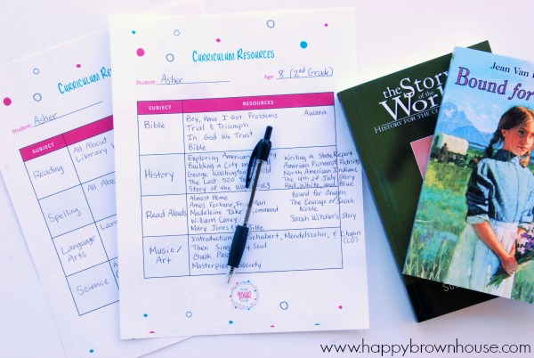 list of homeschool curriculum resources, pen, and a stack of books peeking out of the side