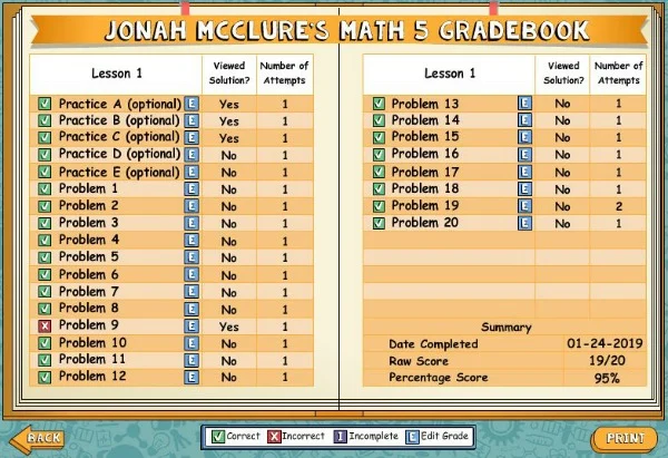 screenshot of Teaching Textbook\'s homeschool math digital gradebook
