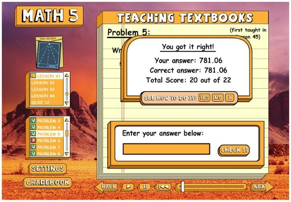 screenshot of Teaching Textbooks homeschool math lesson score