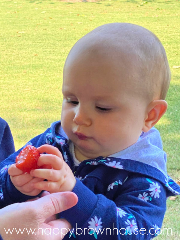 9 month old baby eating strawberries for Baby Led Weaning