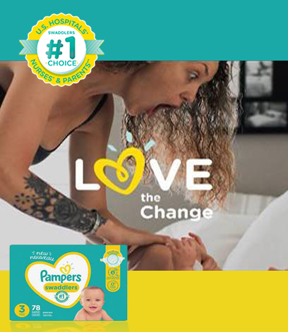 Pampers diapers ad with a mom and a baby