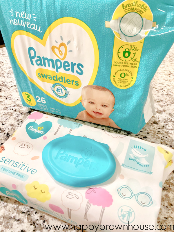 close up of Pampers diapers and wipes on a countertop