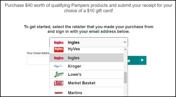 close up of Pampers promotion drop down menu on their website