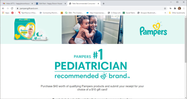 screenshot of the Pampers website