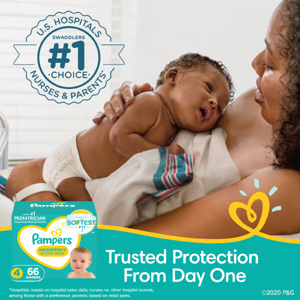 Pampers ad featuring a mother and newborn baby in a diaper with a hospital blanket