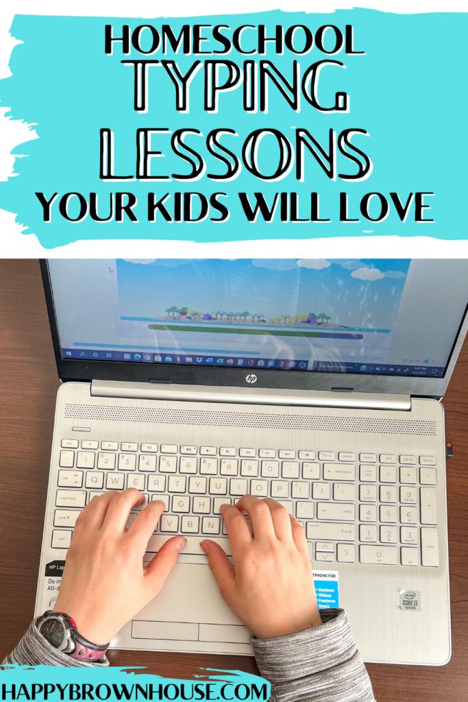 Child\'s hands typing on a laptop while using Typesy homeschool typing lessons. 